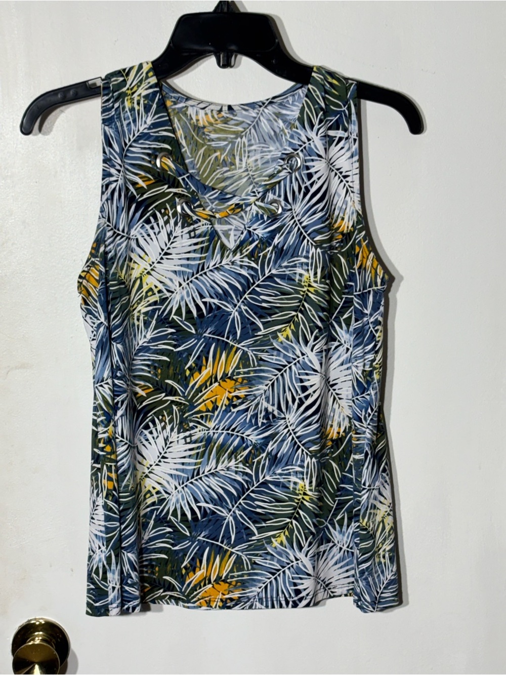 Source Unknown Tropical Leaf Lace-Up Tank Top - Navy, White & Yellow